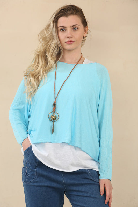 PLAIN 2 LAYER TOP WITH NECKLACE - TURQUOISE