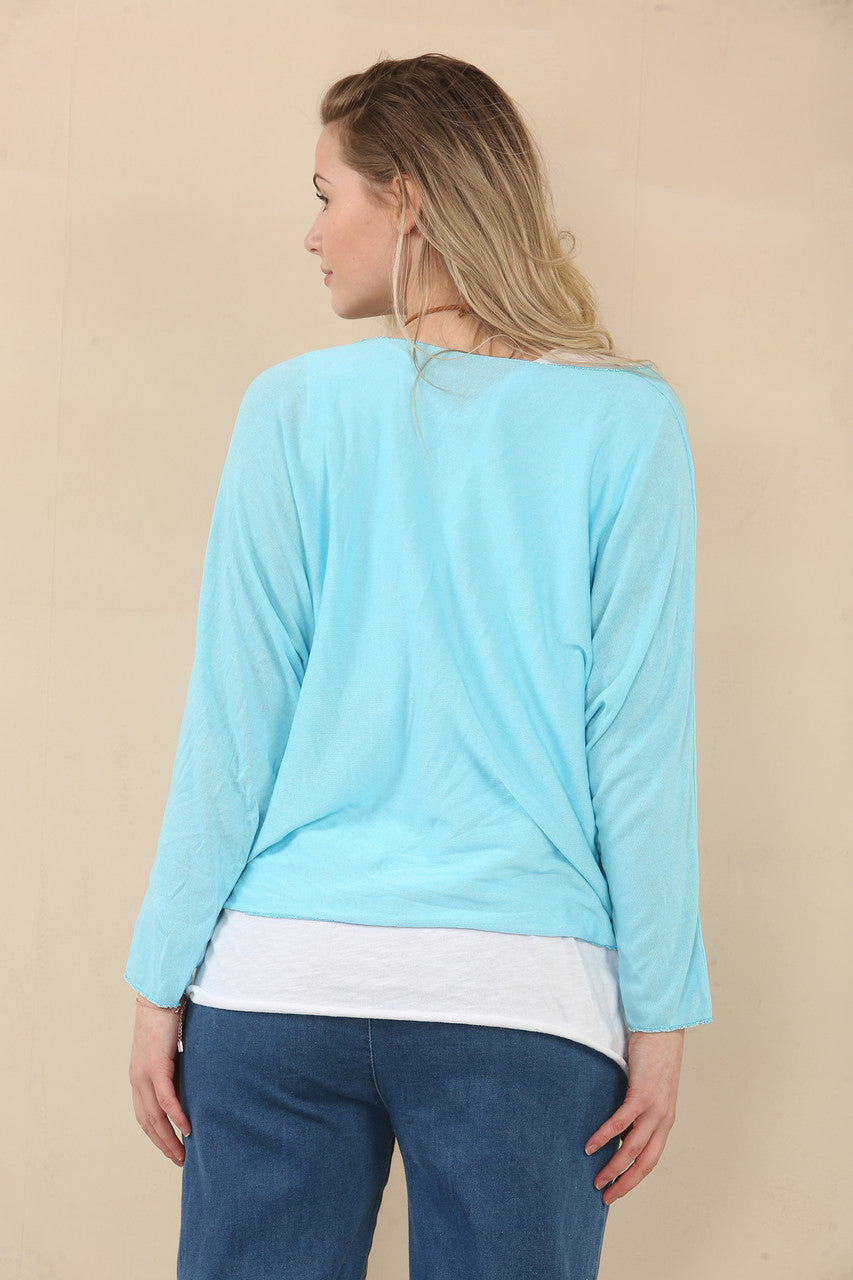 EFFEN TWEELAGEN TOP MET KETTING - TURKOOIS
