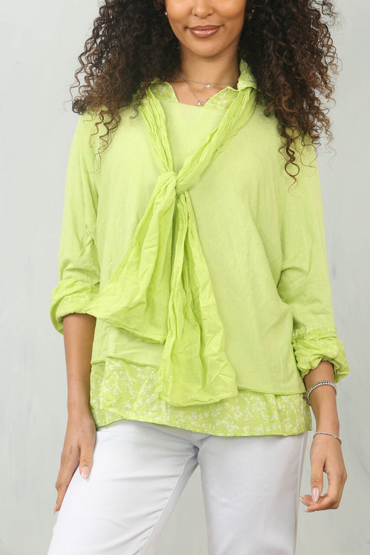 2-IN-1 SHIRT MET BLOMMENPRINT, TRUI EN SJAAL - LIMOEN