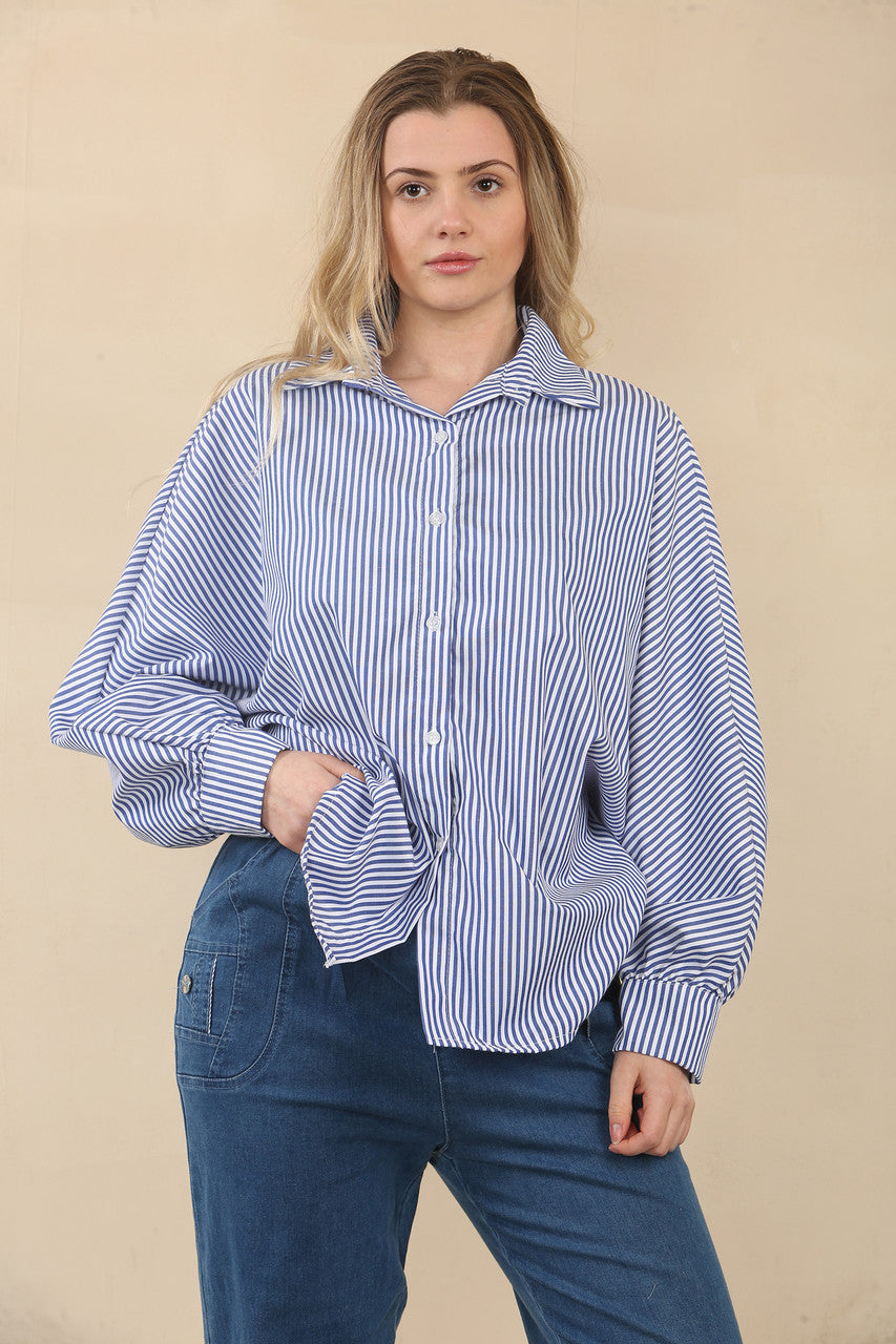 STRIPE BATWING BLOUSE SHIRT - NAVY