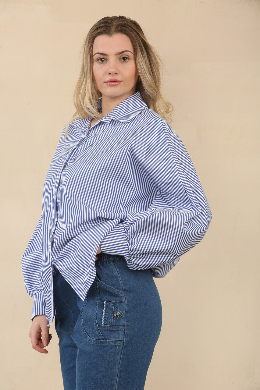 STRIPE BATWING BLOUSE SHIRT - NAVY