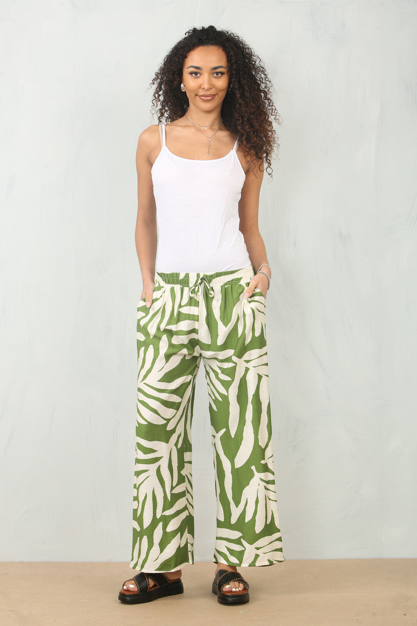BROEK MET BLADERENPRINT - OLIJFGROEN