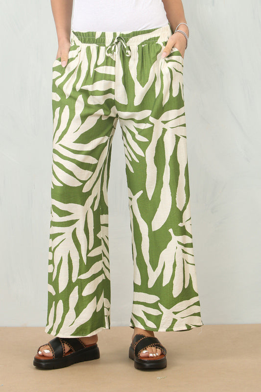 BROEK MET BLADERENPRINT - OLIJFGROEN