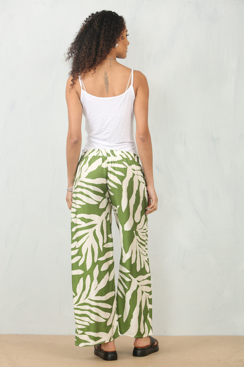 BROEK MET BLADERENPRINT - OLIJFGROEN