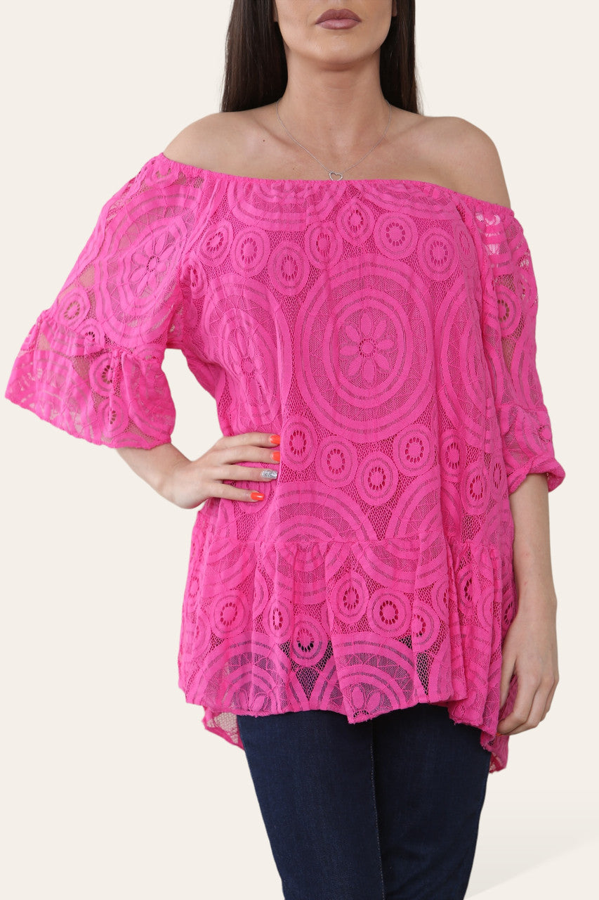 Kanten Schijf Patroon Bardot Top Kersrood