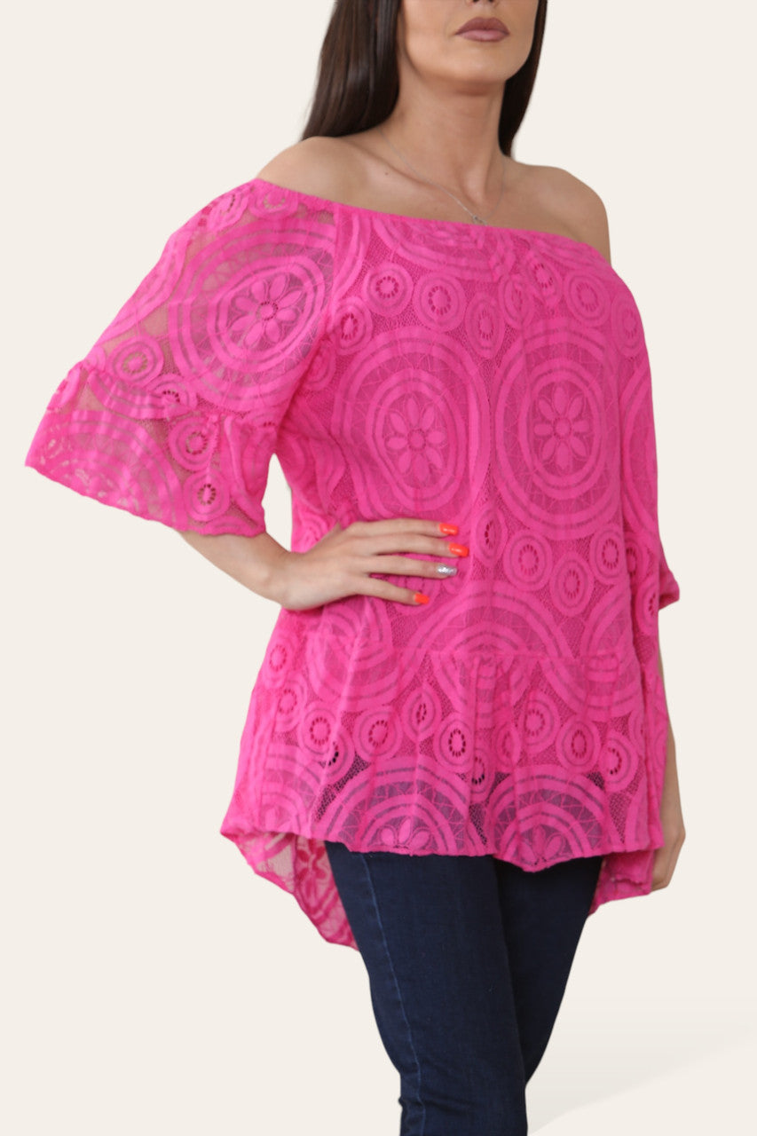 Kanten Schijf Patroon Bardot Top Kersrood