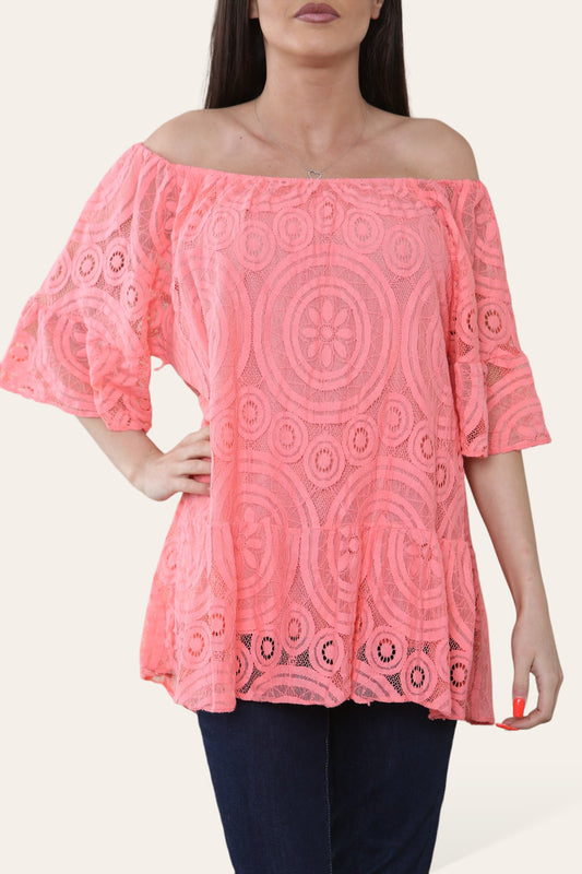 Copy of LACE DISK PATTERN BARDOT TOP CORAL