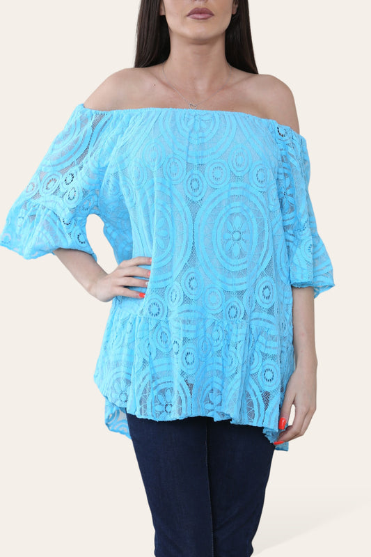 Copy of LACE DISK PATTERN BARDOT TOP TURQUOISE