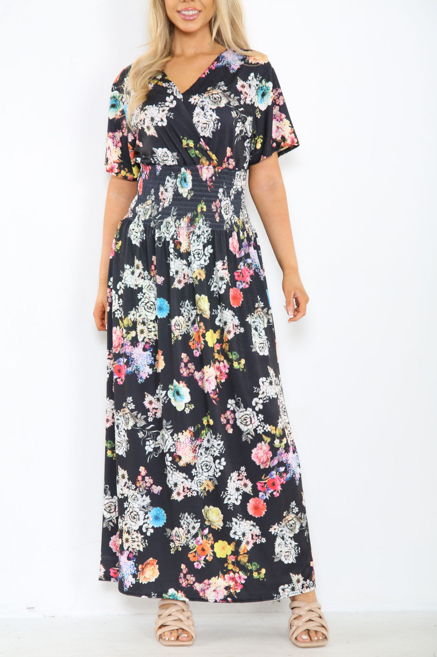 Ladies Floral Mix Print Maxi Dress Black
