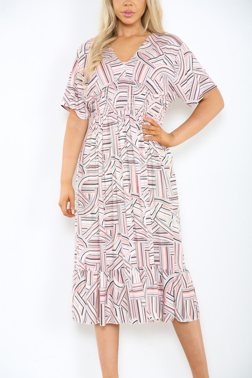 Ladies Lines Print Midi Dress Pink