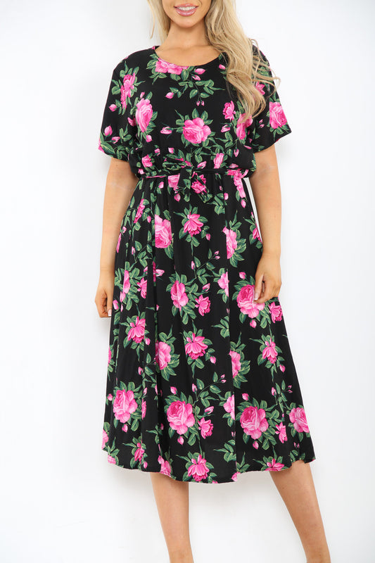 Dames Elastische Taille Riem Stijl Rozenprint Jurk Zwart