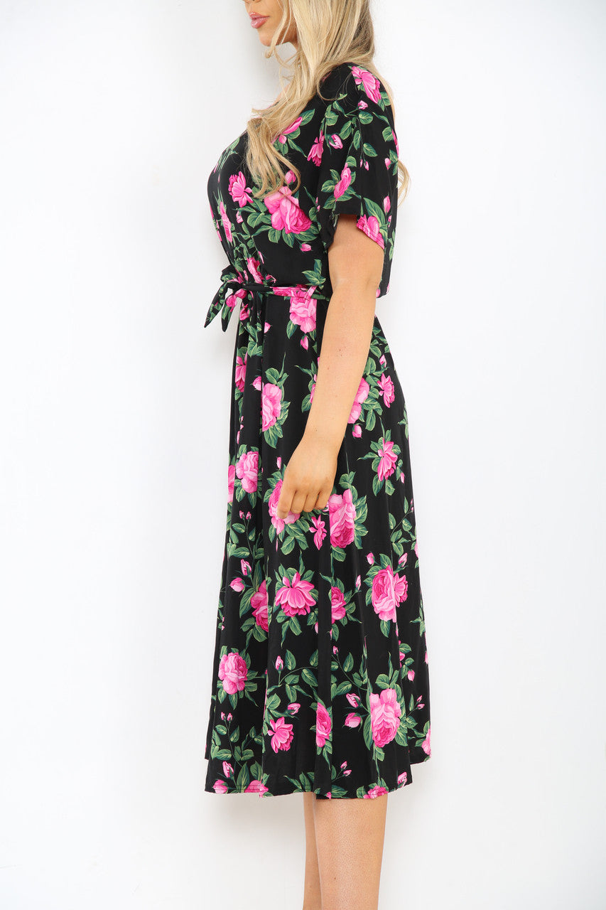 Ladies Elasticated Waist Belt Style Rose Print Dress Black