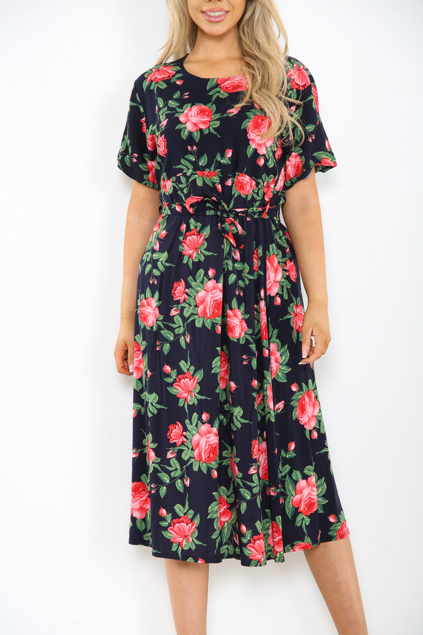 Dames Elastische Taille Riem Stijl Rozenprint Jurk Marine