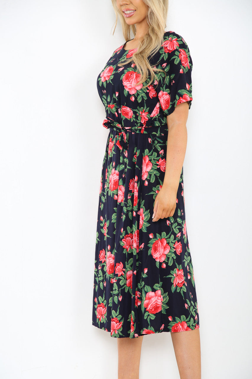 Dames Elastische Taille Riem Stijl Rozenprint Jurk Marine