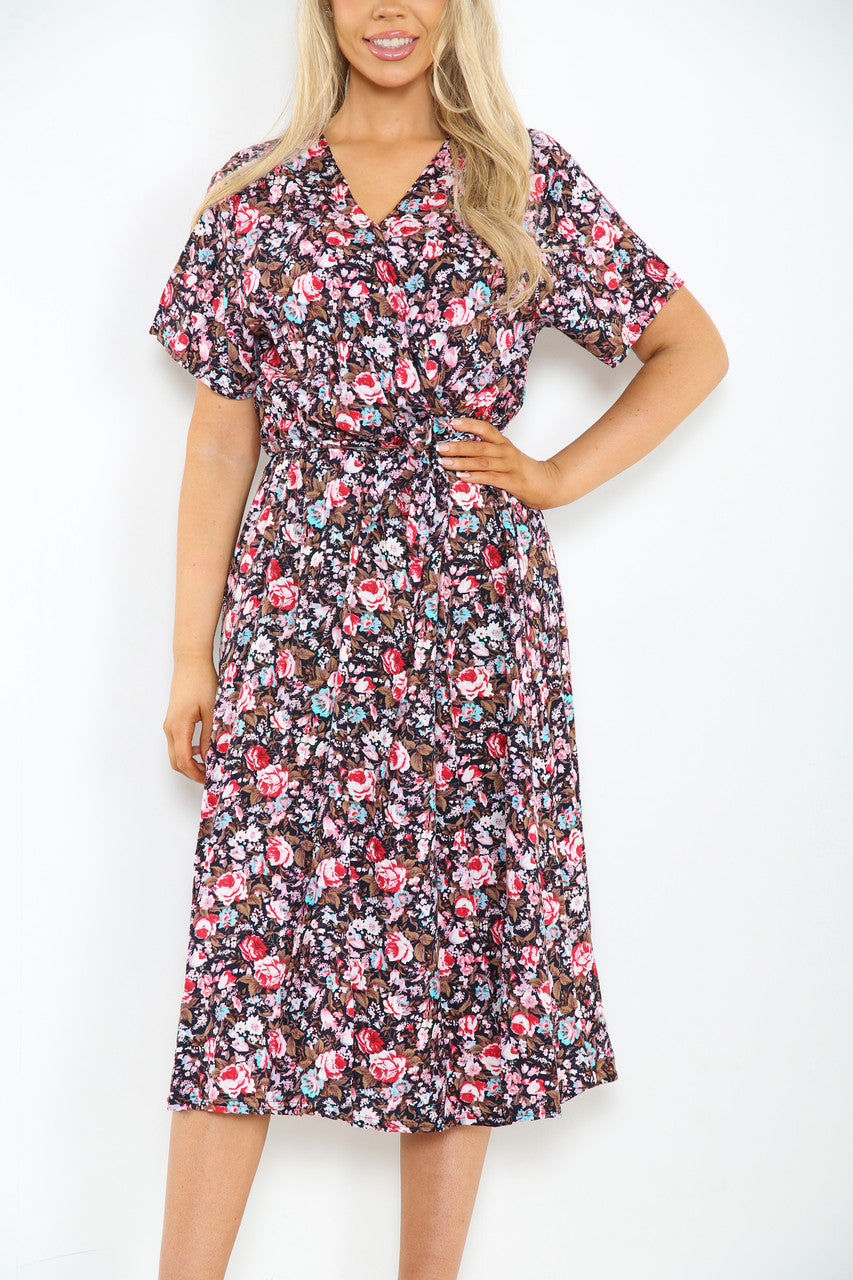 Ladies Elasticated Waist Wrap Style Roses Print Dress Black