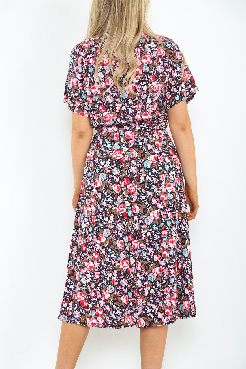Ladies Elasticated Waist Wrap Style Roses Print Dress Black