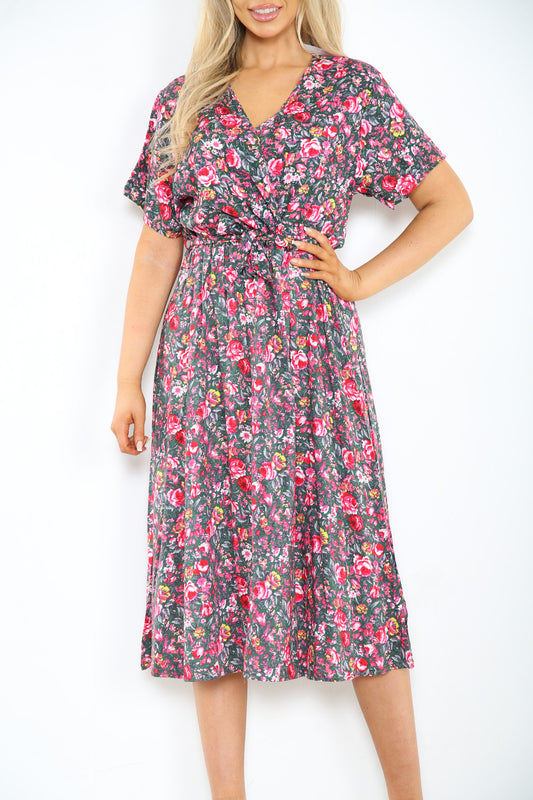 Dames elastische taille jurk in wikkelstijl met rozenprint kaki