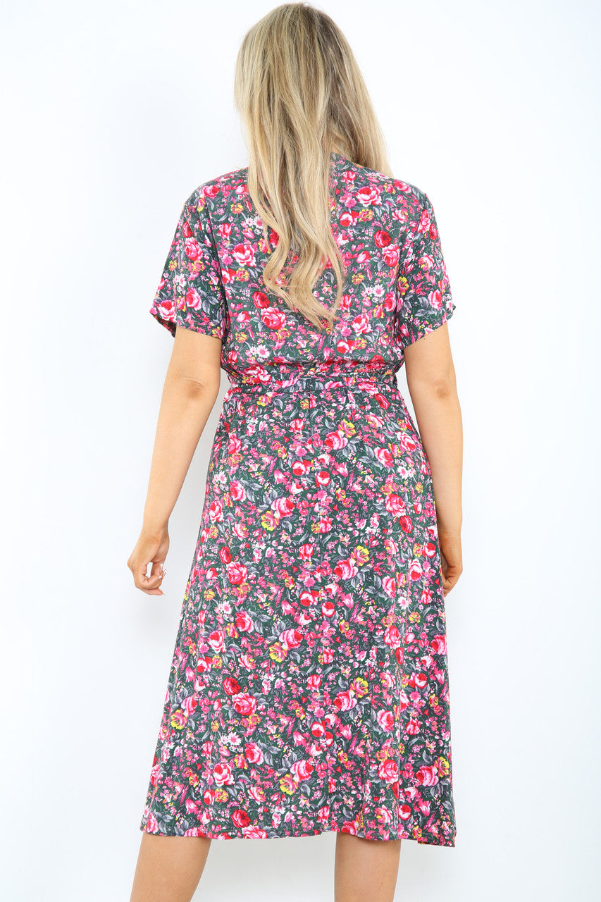 Dames elastische taille jurk in wikkelstijl met rozenprint kaki