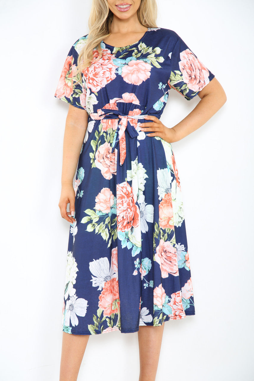 Ladies Peony Mix Floral Print Midi Dress Navy