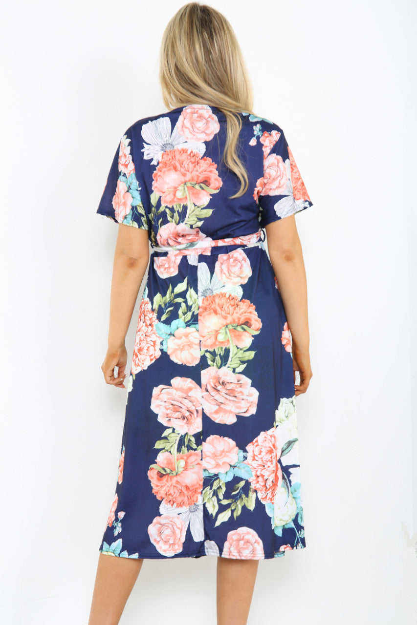 Ladies Peony Mix Floral Print Midi Dress Navy