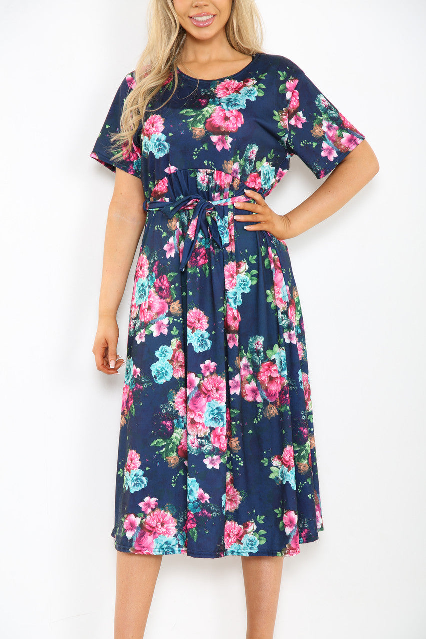 Ladies Flowers Print Midi Dress Navy