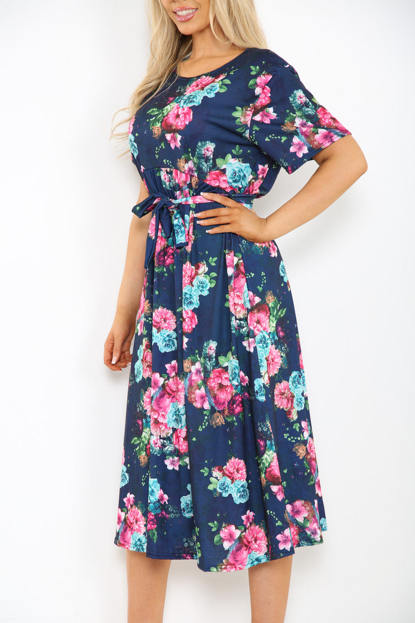 Ladies Flowers Print Midi Dress Navy