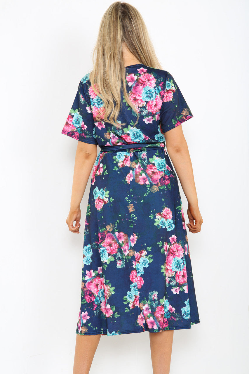 Ladies Flowers Print Midi Dress Navy