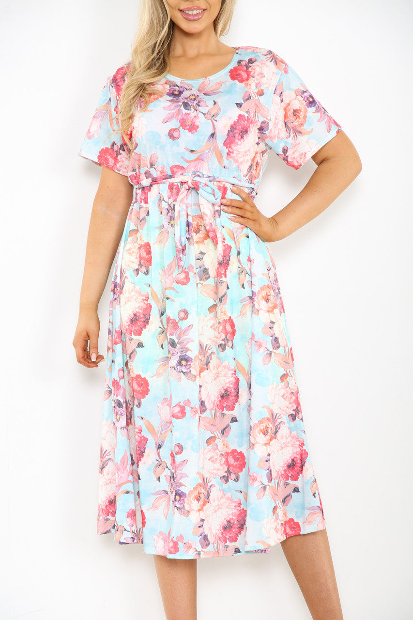 Ladies Floral Print Midi Dress Light Blue