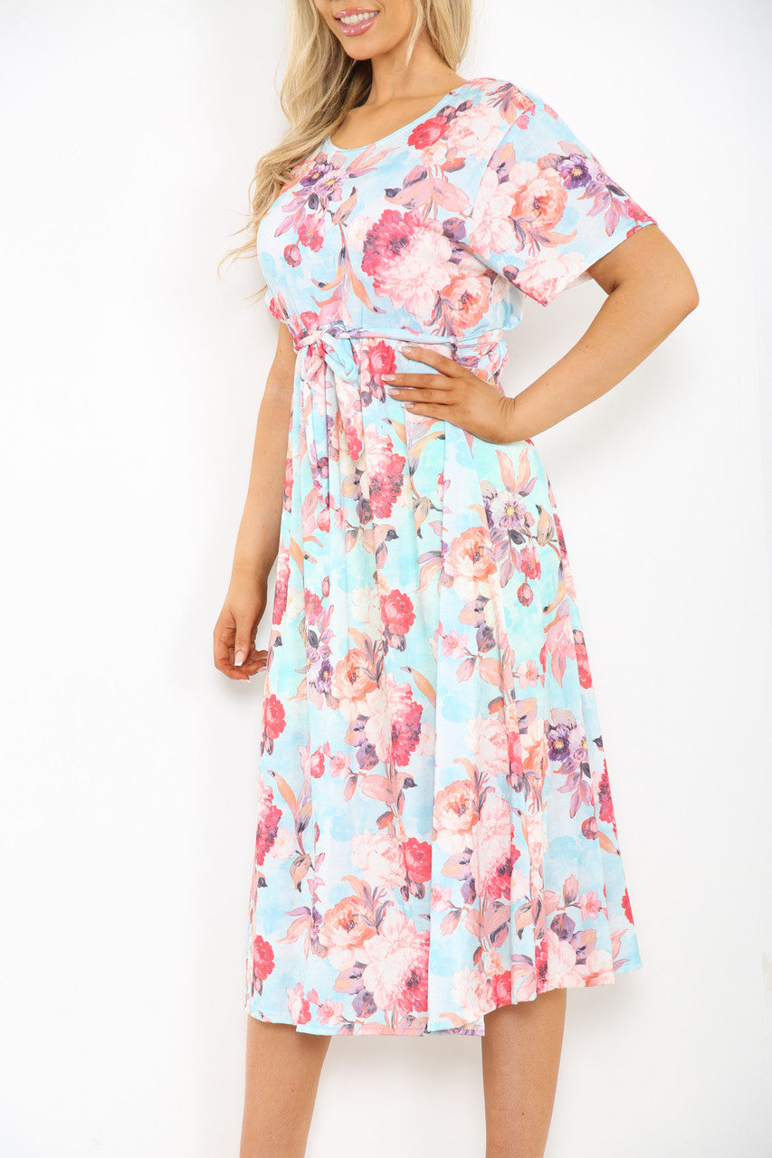 Ladies Floral Print Midi Dress Light Blue