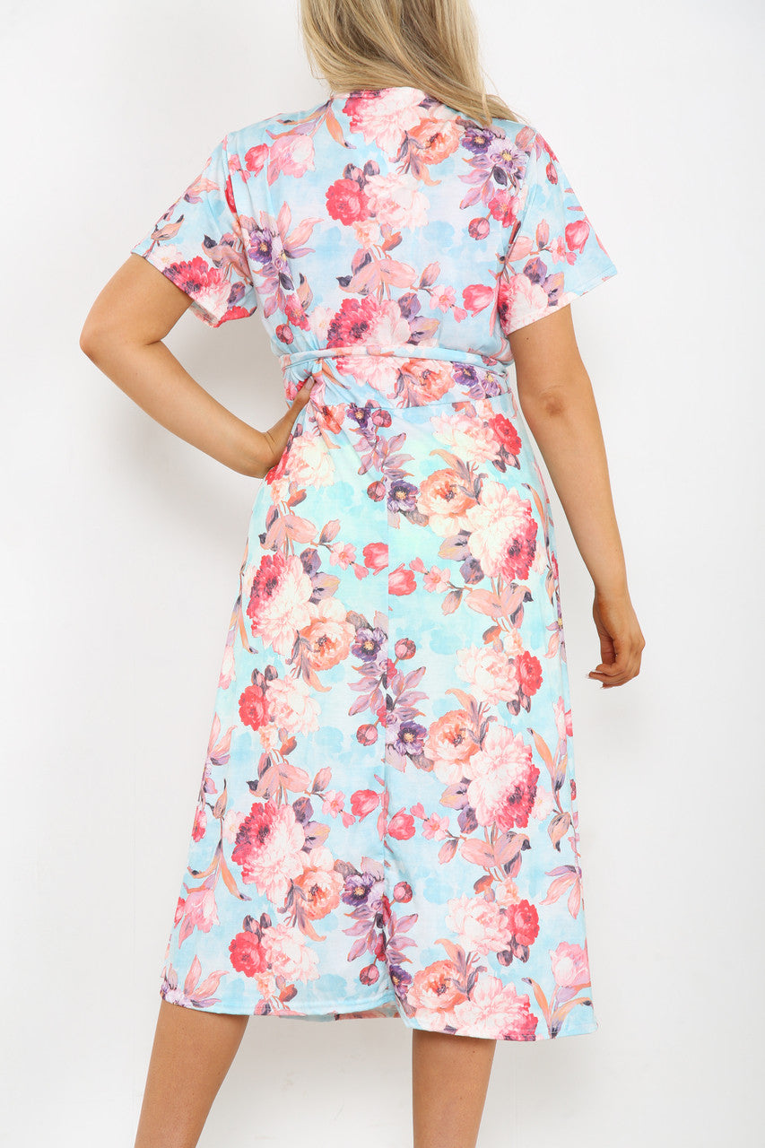 Ladies Floral Print Midi Dress Light Blue