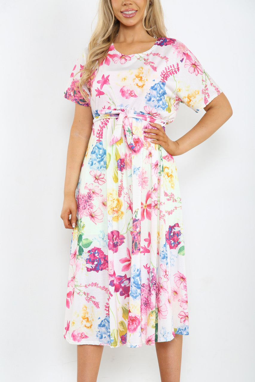 Ladies Bright Floral Mix Print Midi Dress White