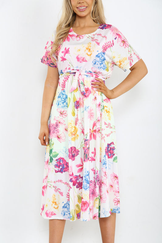 Dames heldere midi-jurk met bloemenprint mix wit