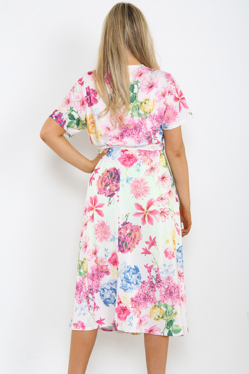 Ladies Bright Floral Mix Print Midi Dress White