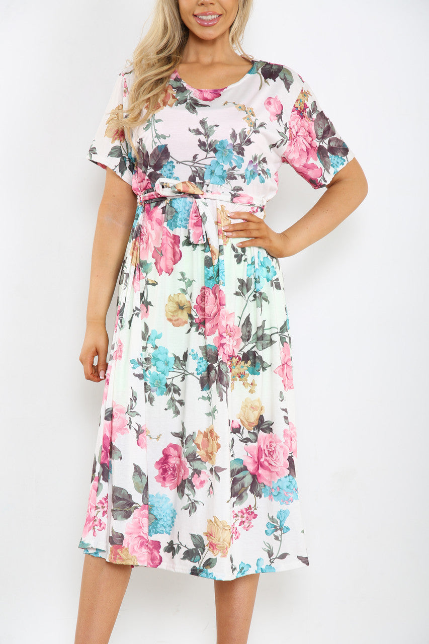 Ladies Rose Flowers Mix Print Midi Dress White
