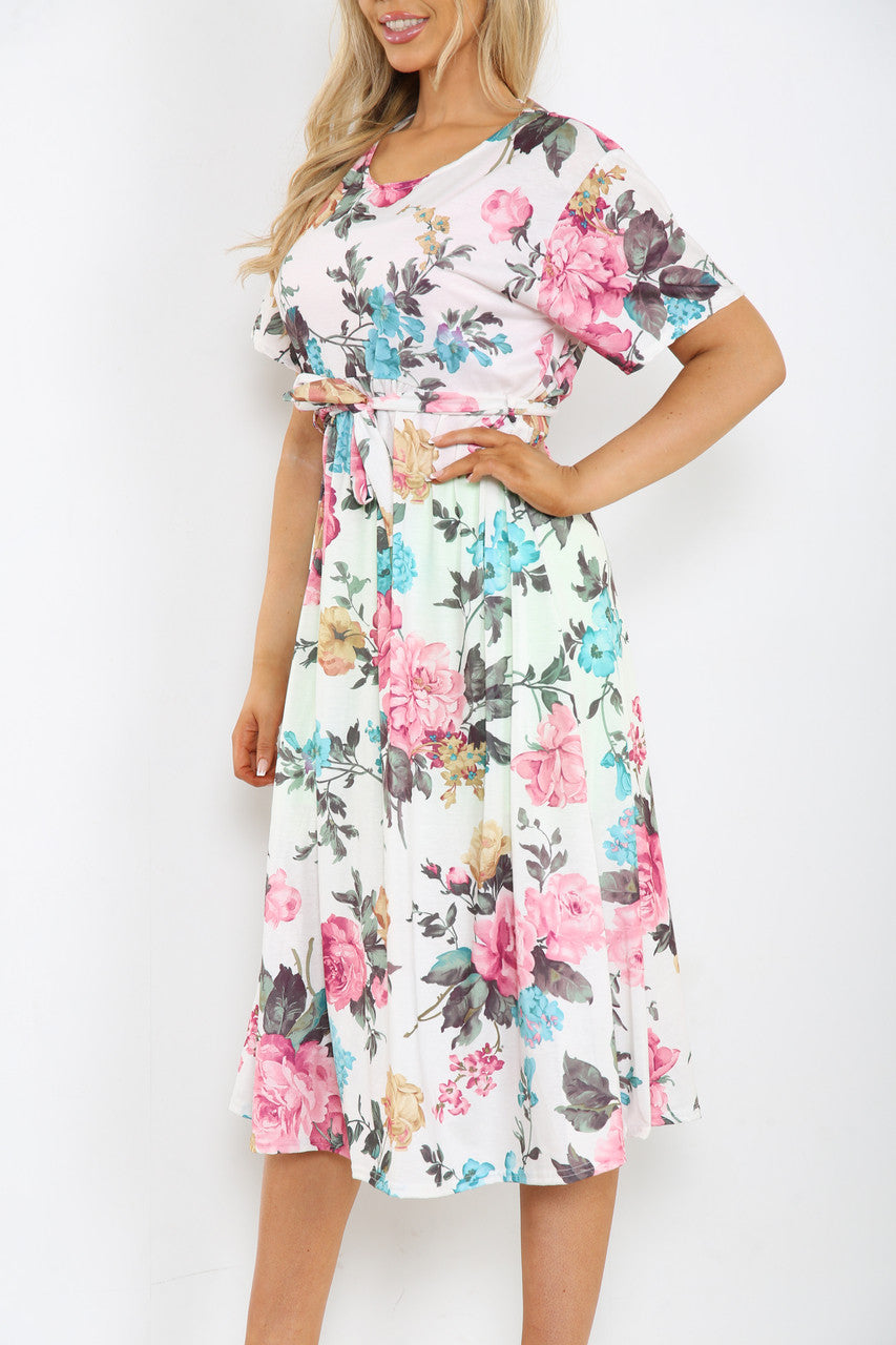 Ladies Rose Flowers Mix Print Midi Dress White