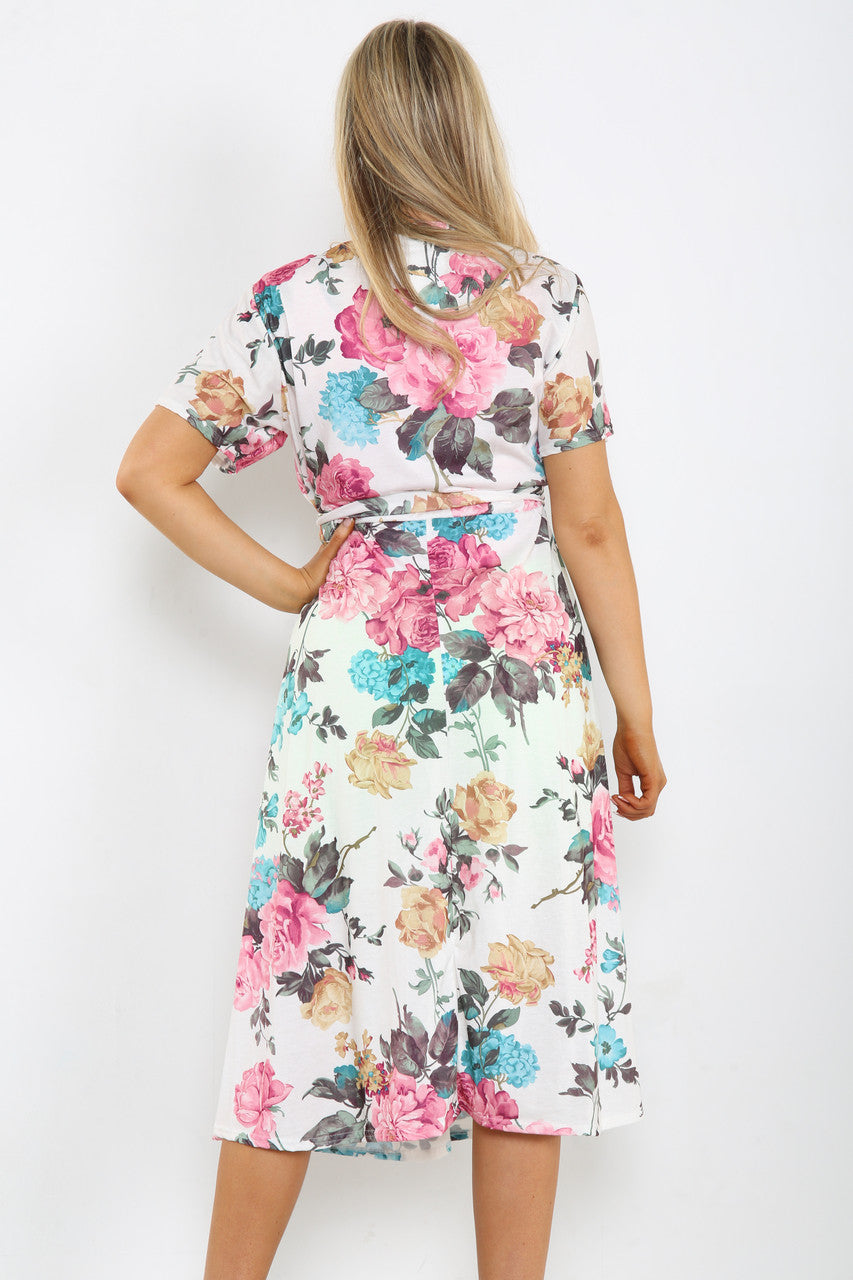 Ladies Rose Flowers Mix Print Midi Dress White