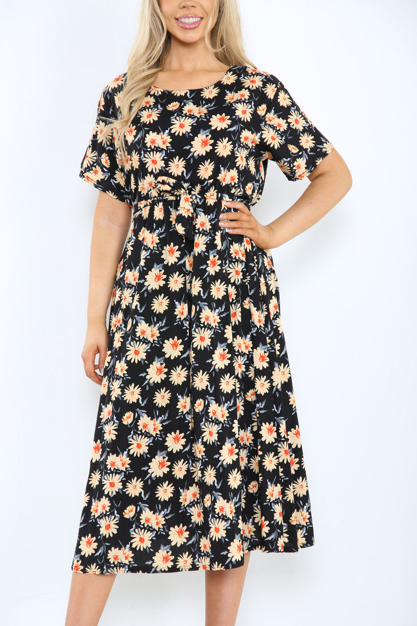 Ladies Elasticated Waist Belt Style Daisy Print Dress Black