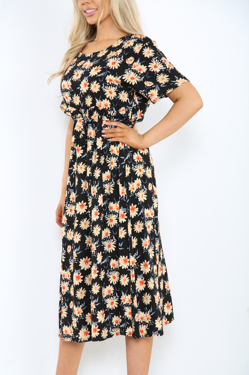 Ladies Elasticated Waist Belt Style Daisy Print Dress Black