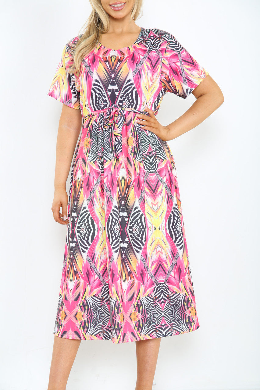 Ladies Abstract Mix Print Midi Dress Cerise