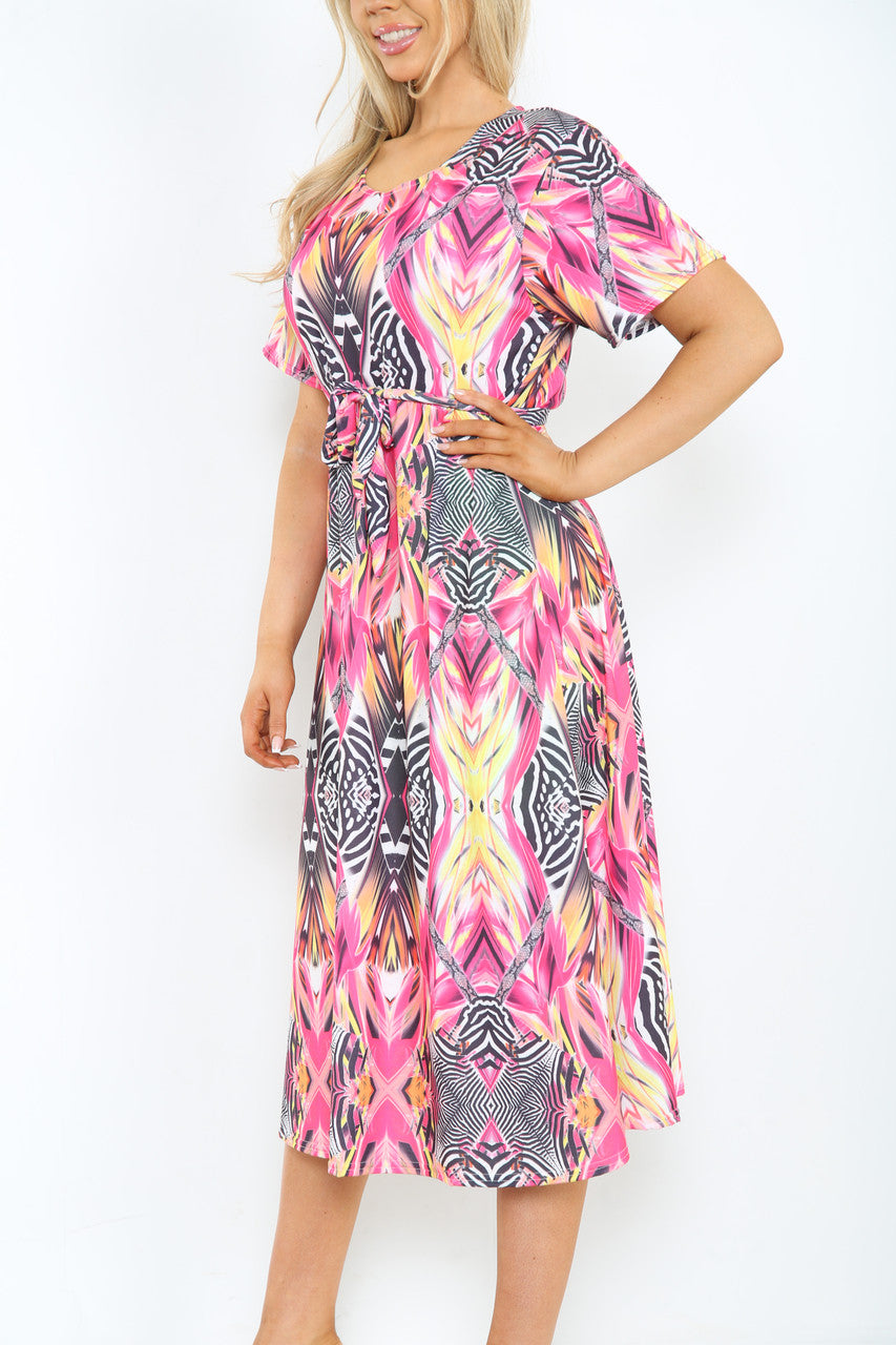 Ladies Abstract Mix Print Midi Dress Cerise