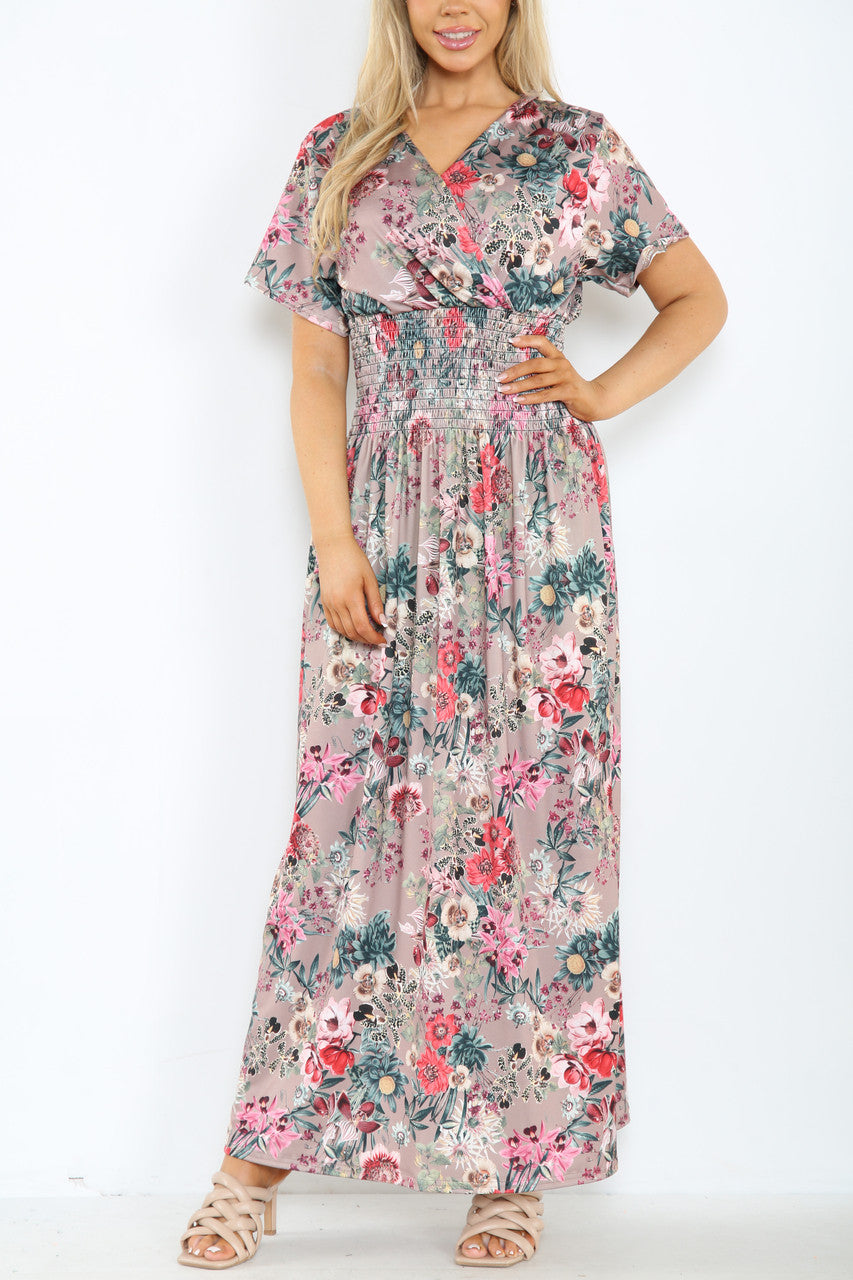 Ladies Floral Mix Print Maxi Dress Blush Pink