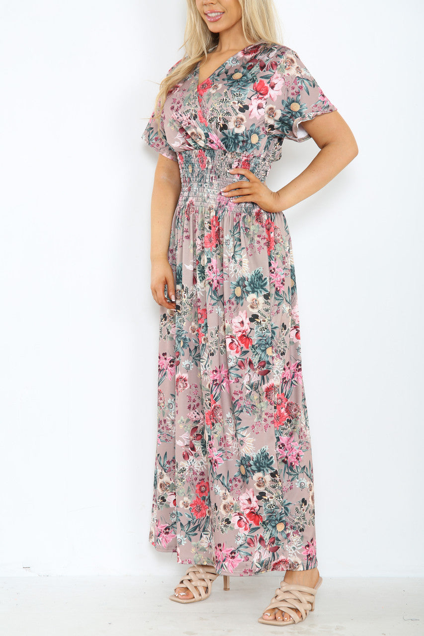 Ladies Floral Mix Print Maxi Dress Blush Pink