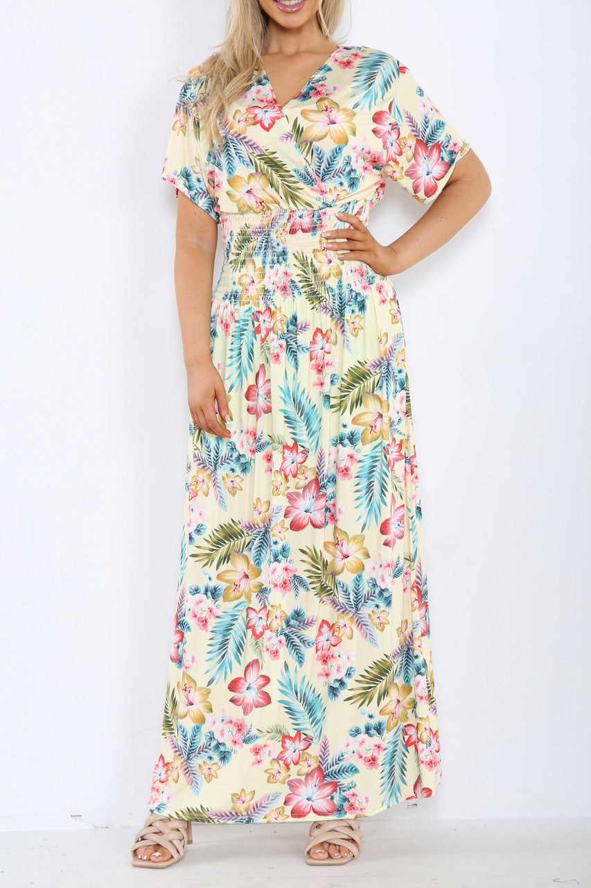 Ladies Tropical Leaf Floral Print Maxi Dress Lemon