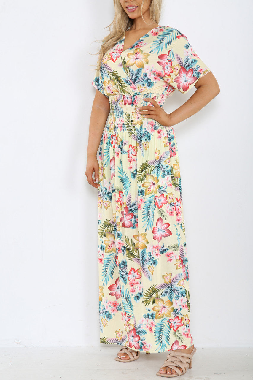 Ladies Tropical Leaf Floral Print Maxi Dress Lemon