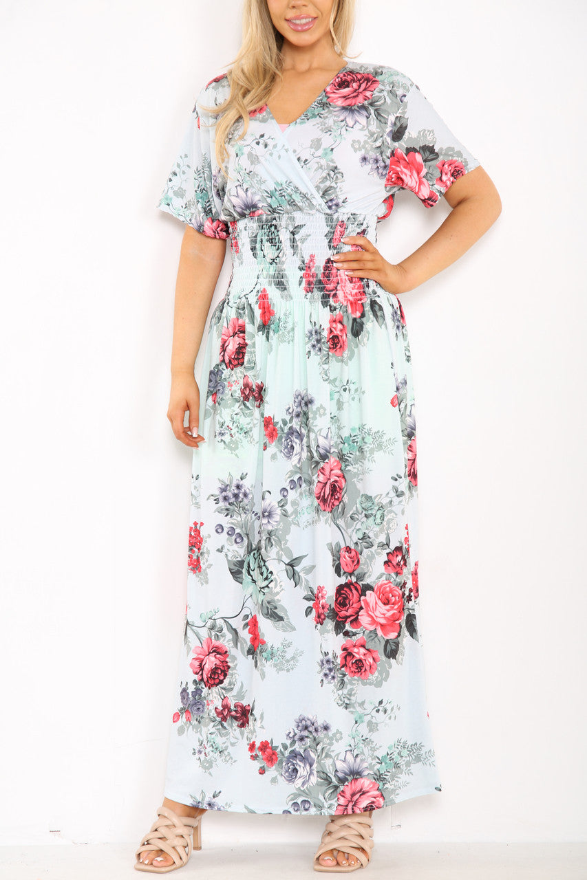 Ladies Floral Peony Mix Print Maxi Dress Sky Blue