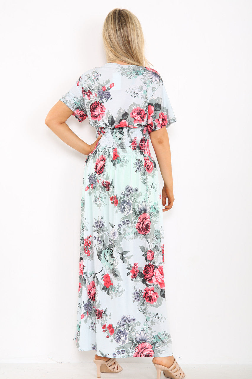 Ladies Floral Peony Mix Print Maxi Dress Sky Blue