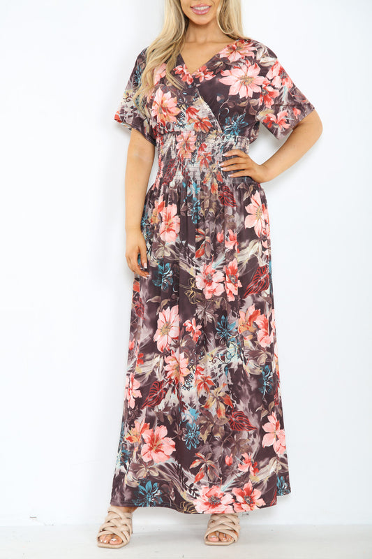 Dames Maxi Jurk Bruin met Bloemenmixprint