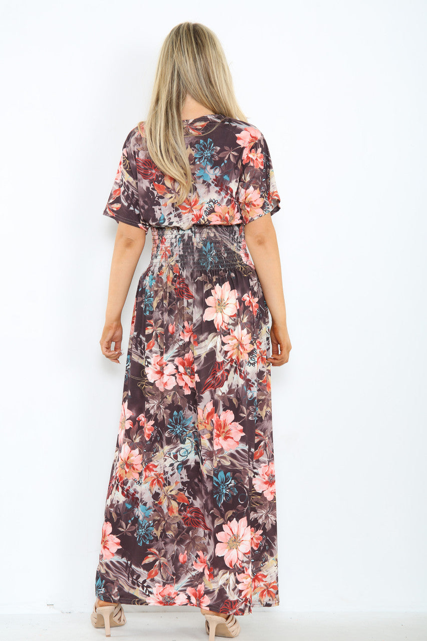Ladies Floral Mix Print Maxi Dress Brown