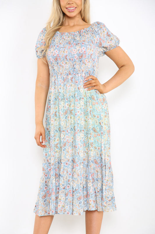 Dames Gypsy Ditsy Bloemenprint Midi Jurk Lichtblauw