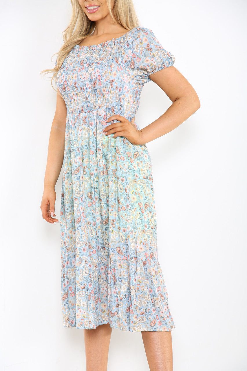 Ladies Gypsy Ditsy Floral Print Midi Dress Light Blue